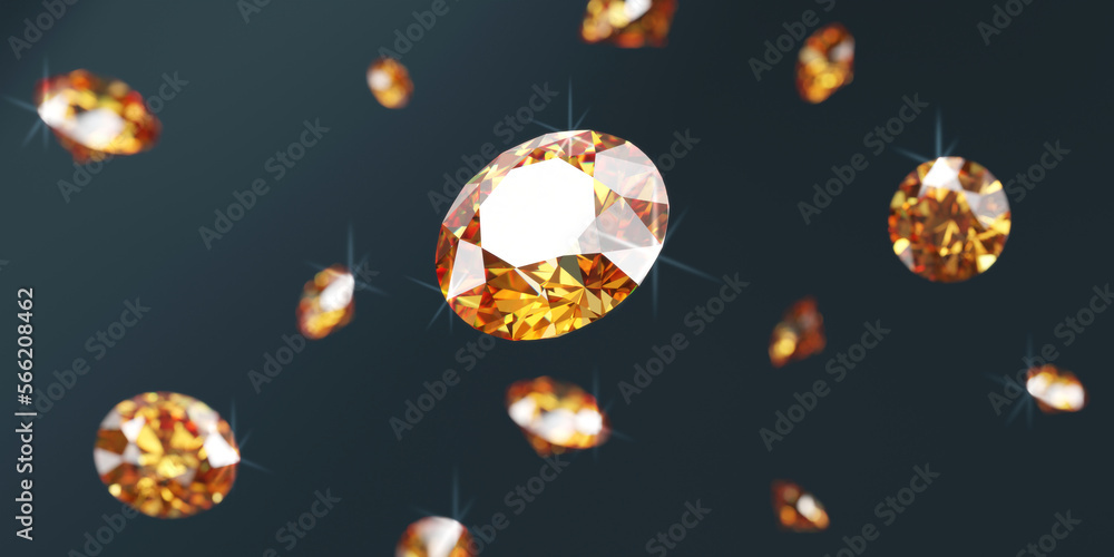 Poster amber gem diamond group falling background soft focus bokeh 3d rendering