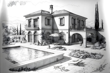 Technical drawing, sketch of building design of family house with roof terrace and swimming pool 