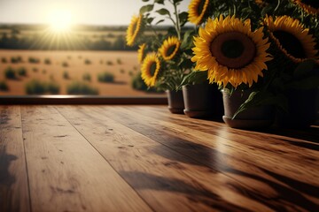 Empty wooden floor table top with sunflower fields on the backgrounds generative ai,