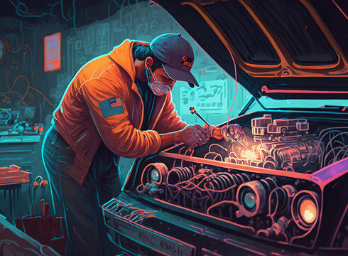 Illustrated Mechanic Using Wrench While Working On Car. Generative AI