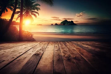 Fotobehang Empty wooden floor with tropical sunset beach background generative ai © Arisctur