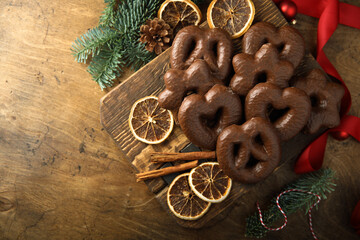 Traditional gingerbread covered with chocolate