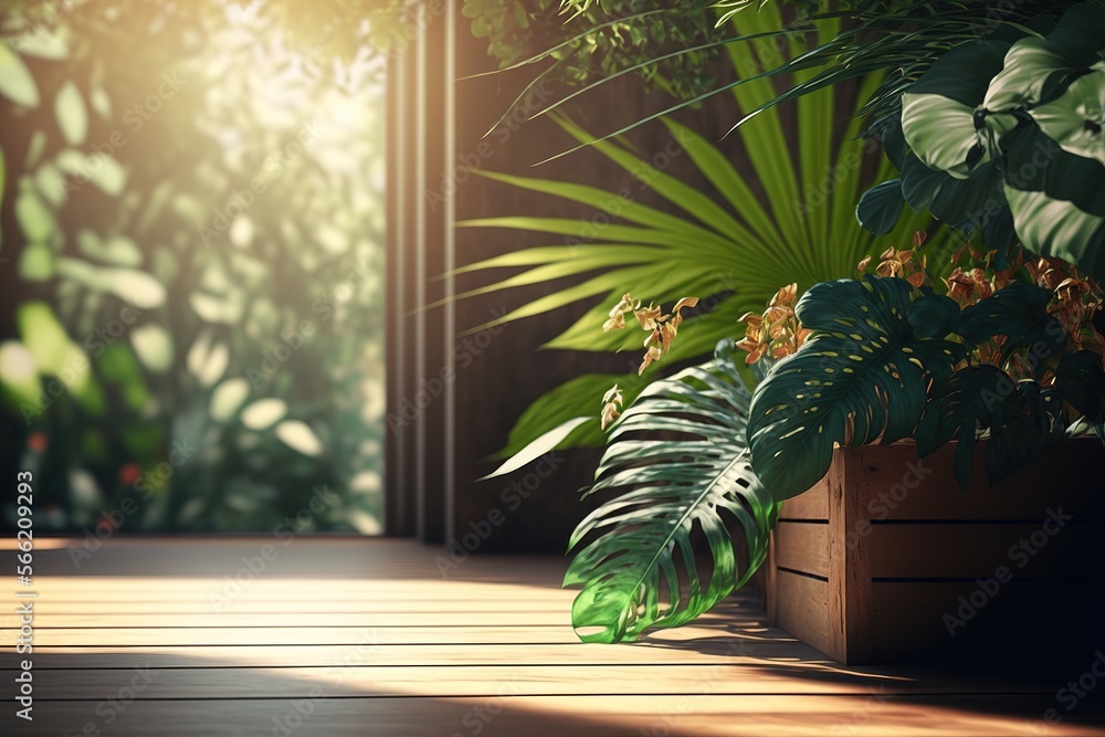 Wall mural Empty wooden floor with tropical green backgrounds generative ai, - Wall murals
