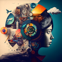 Art collage with the concept of thought process, ingenuity and new creative ideas