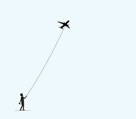 Dreaming boy Concept idea. flying airplane. vector illustrations.