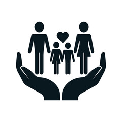  Father, mother, daughter and son hold up two hands. Family care Silhouette Vector.