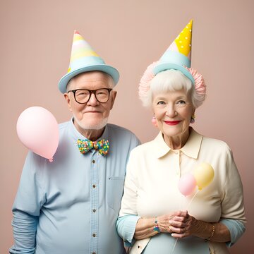 A romantic love date of a old grandparents couple in love at a birthday party with balloons and cake, happiness and celebration. Illustration. Generative AI.