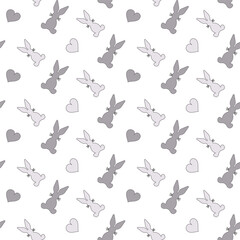 Seamless pattern with Rabbit and hearts. Gray vector illustration. Silhouette bunnys and hearts.