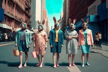 Abstract, modern group of Easter bunny dressed, standing and posing as a human in city center. Trendy modern hipsters, animals in fashion suits. Illustration. Generative AI.