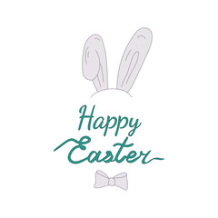 Happy easter greeting card with gray bunny ears, bow tie and green lettering. Vecrot illustration.