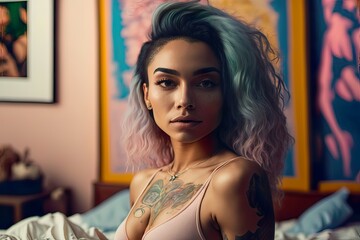 Young, beautiful, tattooed girl in bedroom sitting on bed. Energy, passion and love. Good looking woman posing in room. Modern attractive girl. Illustration. Generative AI.