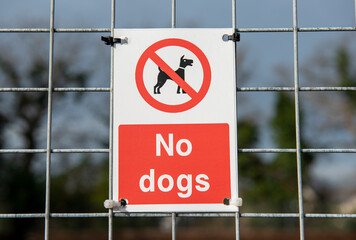 No dogs warning sign on wire mesh fencing with blue sky background 