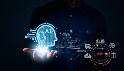 Ai chatBOT analysis business 4.0 industry 5.0 to global cyber network to chat gpt concept. new technology in future can support all businesses to online in cyberspace. Ai, chatGPT is bot to smart