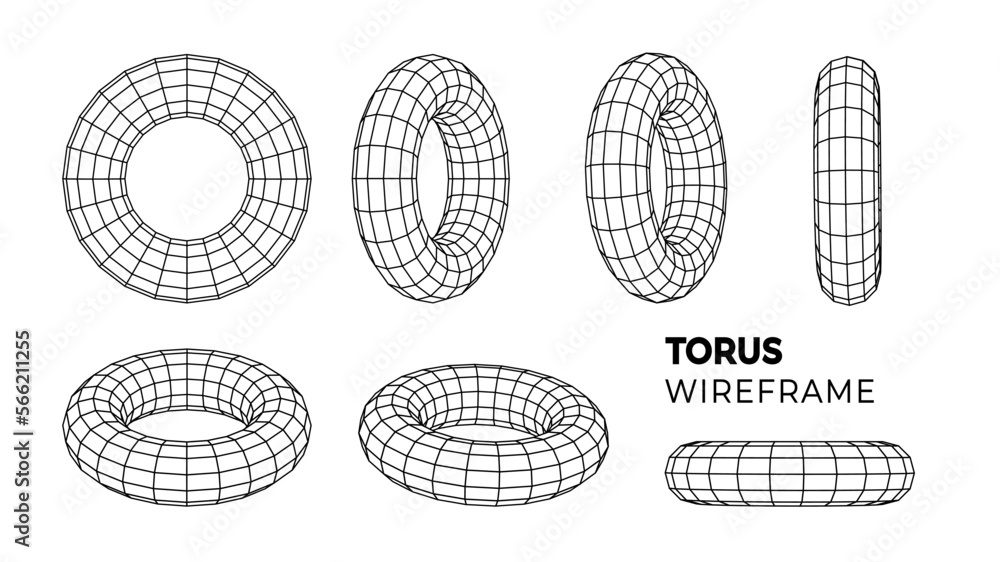 Poster wireframe torus set png. 3d geometric forms. outline isolated model. vector isometric shapes