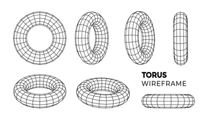 Wireframe torus set PNG. 3d geometric forms. Outline isolated model. Vector isometric shapes - obrazy, fototapety, plakaty