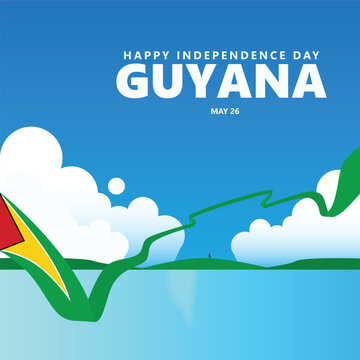 Guyana independence day vector illustration with cloud and ocean 3d looks. South American country public holiday greeting card. Suitable for social media post.