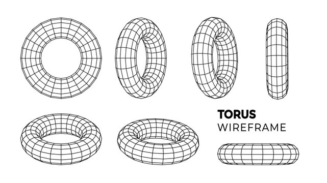 Wireframe torus set PNG. 3d geometric forms. Outline isolated model. Vector isometric shapes