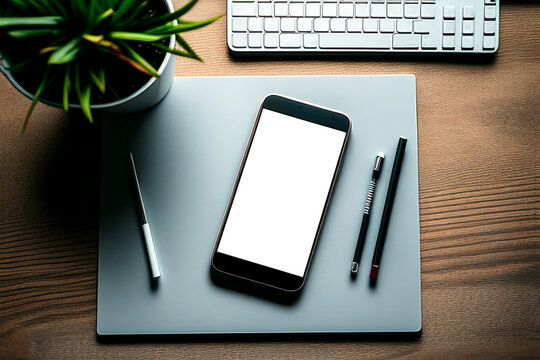 Smartphone on the office table background created with generative Ai technology
