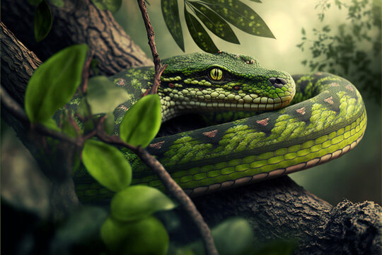 Embroidery green snake, tree leaves, Summer jungle illustration, Generative Ai