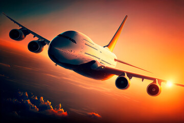 Fototapeta na wymiar commercial airplane flying at sunset. travel concept. generative ai