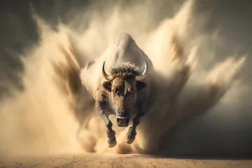 Fotobehang buffalo running with dust. stampede concept. generative ai © ArgitopIA