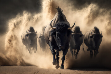 Obraz na płótnie Canvas buffaloes running with dust. stampede concept. generative ai