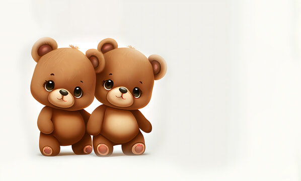 Cute adorable two bear standing with big eyes smiling. Happy bear baby for kid product design in cartoon style with empty space for text, generated AI illustration