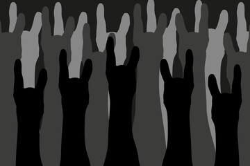 Black and white silhouette of human hands. Big banner with silhouetes hands from rock concert.