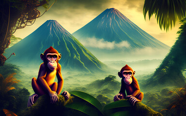 Two monkeys and fantasy landscape of tropical jungle forest. Generative Al Illustration.