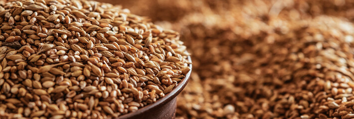 Obraz premium Horizontal Background A grain of wheat in a clay bowl