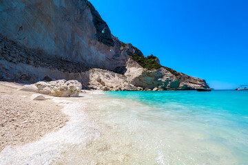 Scenic view of crystal clear turquoise waters of the Mediterranean sea meeting fine white sand at the White Beach on Zante, Zakynthos island, Greece