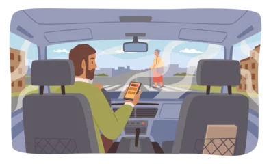 Foto op Canvas Driver distracted in car looking at smartphone screen do not pay attention to road with pedestrian. Unsafe trip, dangerous traffic. Vector granny on road in flat style © Sensvector