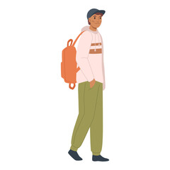 Young male character walking and carrying backpack on shoulder. Isolated man in baseball cap, student going to school or university. Vector in flat style