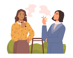 Female characters smoke outdoors, standing and talking on break. People with cigarettes and vape, conversation of colleagues or friends. Vector in flat style