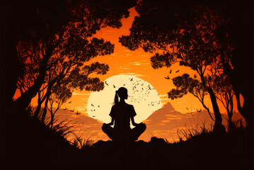 Unrecognizable woman meditating in a natural landscape at sunset. Yoga concept. Generative AI