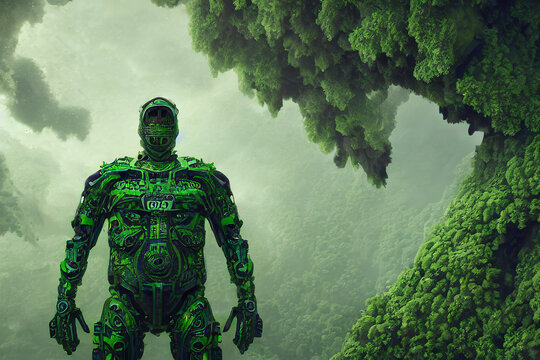 green alien robot protecting nature from global warming