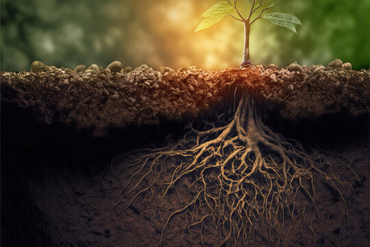 Roots of plant growing underground close up, layers of soil cross section, generative AI illustration
