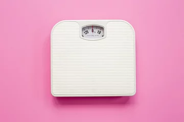 Poster White weight scales on the floor. Weight measurement and loss concept © 9dreamstudio