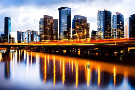 city skyline at day. city river wallpaper. city backdrop. lights over water. water over lights. AI generated. city skyline backdrop. beautiful lights. city concept.