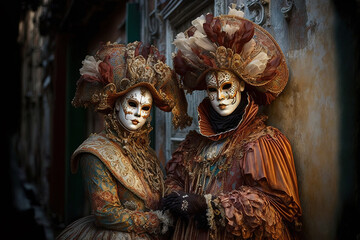 Fototapeta na wymiar Man and woman wearing traditional costumes and masks at the carnival of Venice. Ai generated art