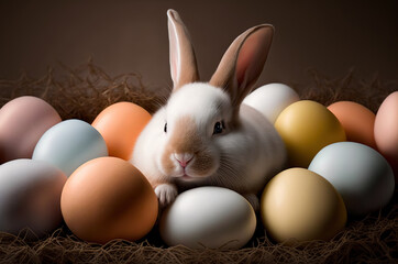 Fototapeta na wymiar Cute Easter bunny in a nest with pastel colored easter eggs. Generative AI