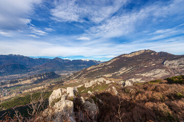 Trentino-Alto Adige Italy, panoramic view of Italian Alps, Brenta Dolomites and Sarca valley, from the mountain range of Monte Baldo. Lake Garda, Nago-Torbole and Riva del Garda town, Italy, Europe.
