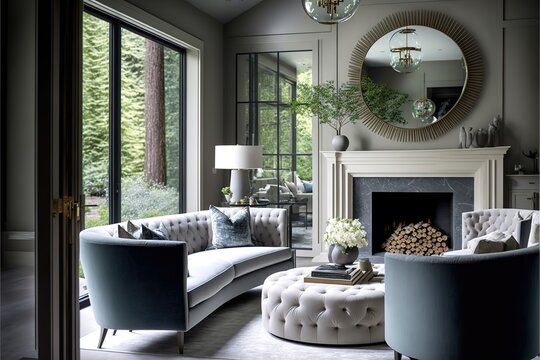 A Chic Living Room Filled With Built-in Cabinets Flanking Round Mirror Atop Grey Tile Fireplace, Tufted Sofa Facing Two Armchairs, And Window Wall Overlooking Lush Outdoors. Northwest, USA