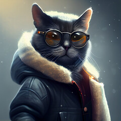 chic cat charisma wearing coat, wearing sunglasses, funny, fashion, pic as wallpaper, poster, t shirt and others
