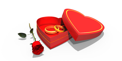3d rote Ring Box in Herzform mit zwei goldenen Ringen und einzelner roter Rose freigestellt. 3d-Illustration