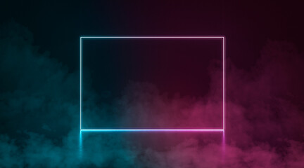 Colored neon glowing rectangle frame stand in darkness, fog effect