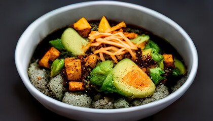 Bowl Buddha. Buckwheat, pumpkin, chicken fillet, avocado food