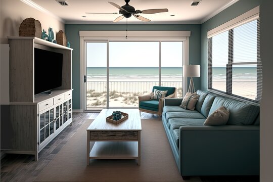 Crescent Beach, FL USA - February 24, 2021: Living Room in an oceanfront vacation rental condo