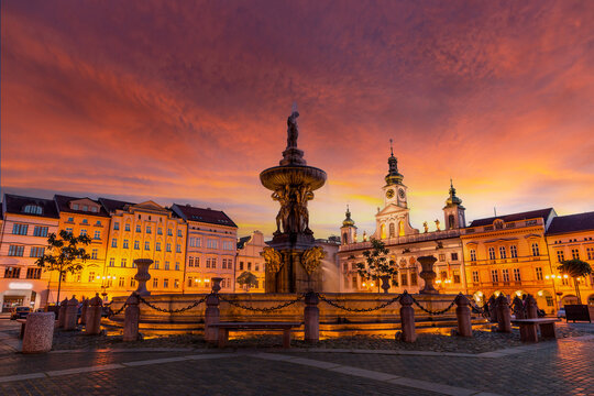 Historic center of Ceske Budejovice at night, Budweis, Budvar, South Bohemia, Czech Republic, Europe.