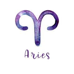Watercolor signs of the zodiac. Set of astrological symbols. Watercolor horoscope. Blue-violet zodiac signs isolated on white background. Aries zodiac